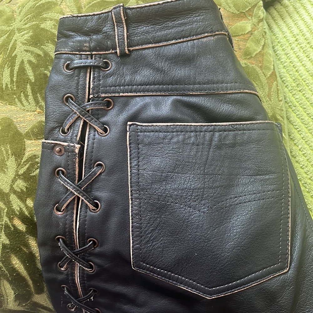 Serge Hervet Genuine leather cross stitch pants, petite 25” waist